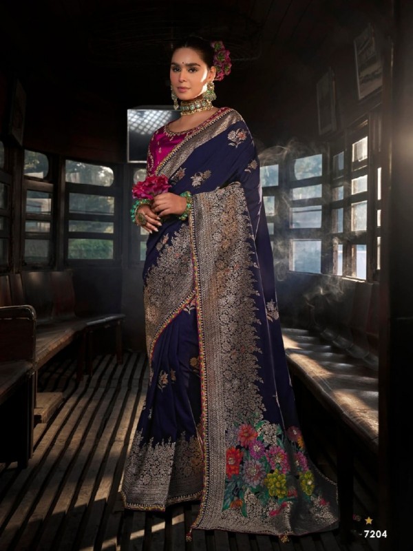 Pure Dola Silk Party wear Saree In Blue Color with Embroidery Work 