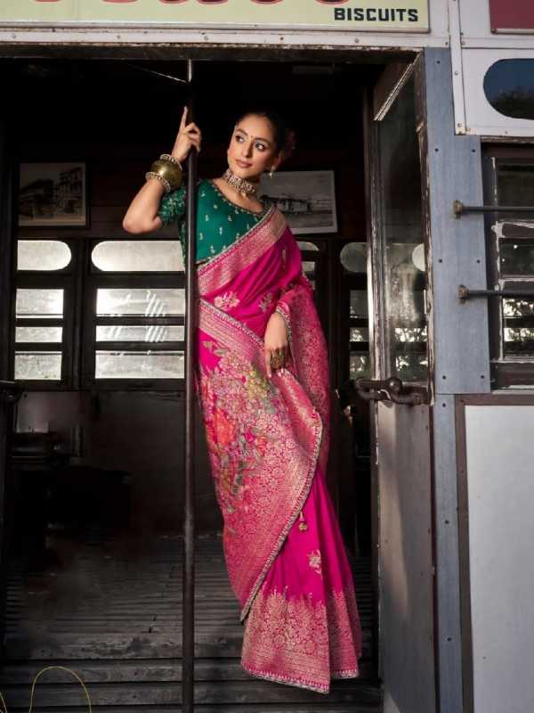 Pure Dola Silk Party wear Saree In Pink Color with Embroidery Work 