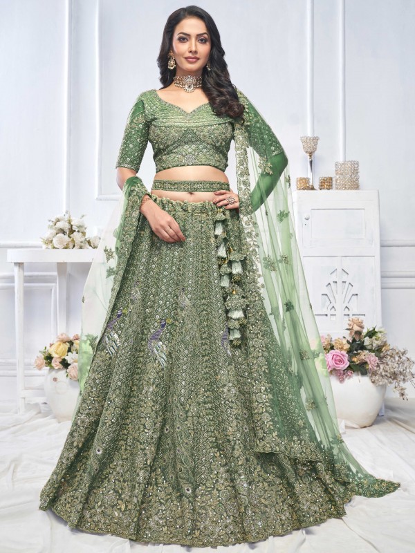 Soft Premium Net Wedding Wear Lehenga In Green Color With Embroidery Work