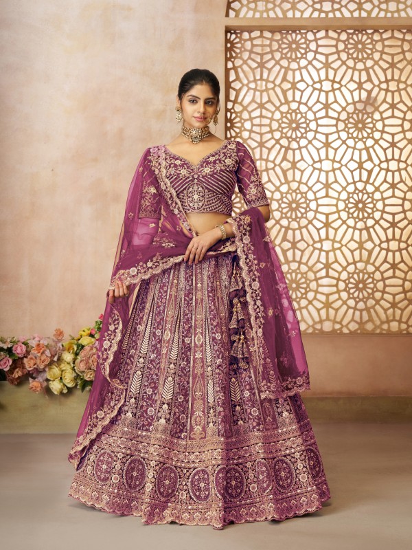Soft Premium Net Wedding Wear Lehenga In Dark Purple Color With Embroidery Work