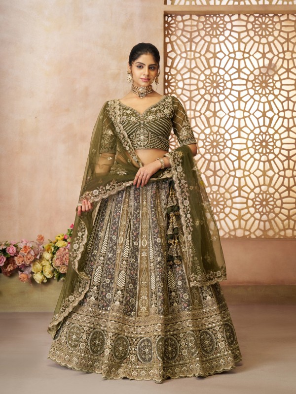 Soft Premium Net Wedding Wear Lehenga In Mahendi Green Color With Embroidery Work