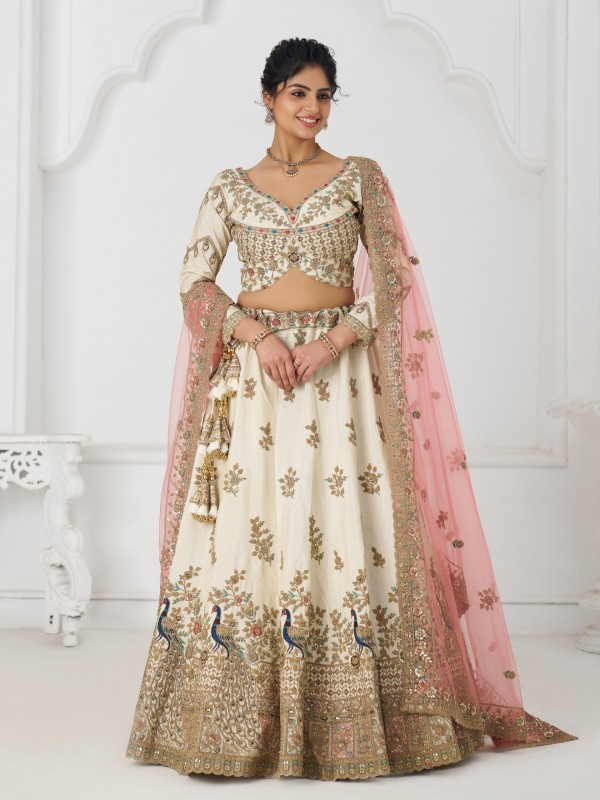 Pure Natural Silk Wedding Wear Lehenga In White Color With Embroidery Work