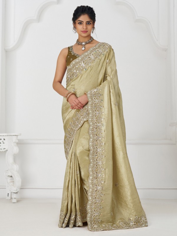 Pure Dola Silk Saree Wedding Wear Saree In Cream Color With Embroidery Work