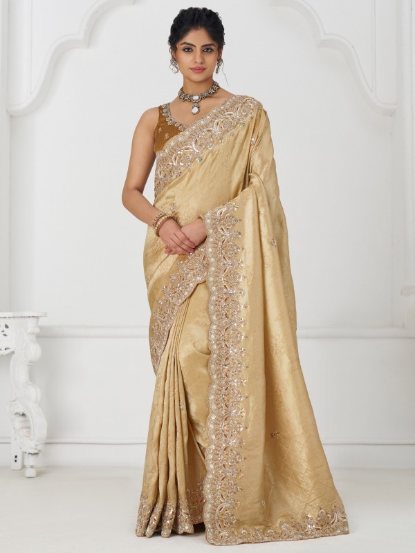 Pure Dola Silk Saree Wedding Wear Saree In Golden Color With Embroidery Work