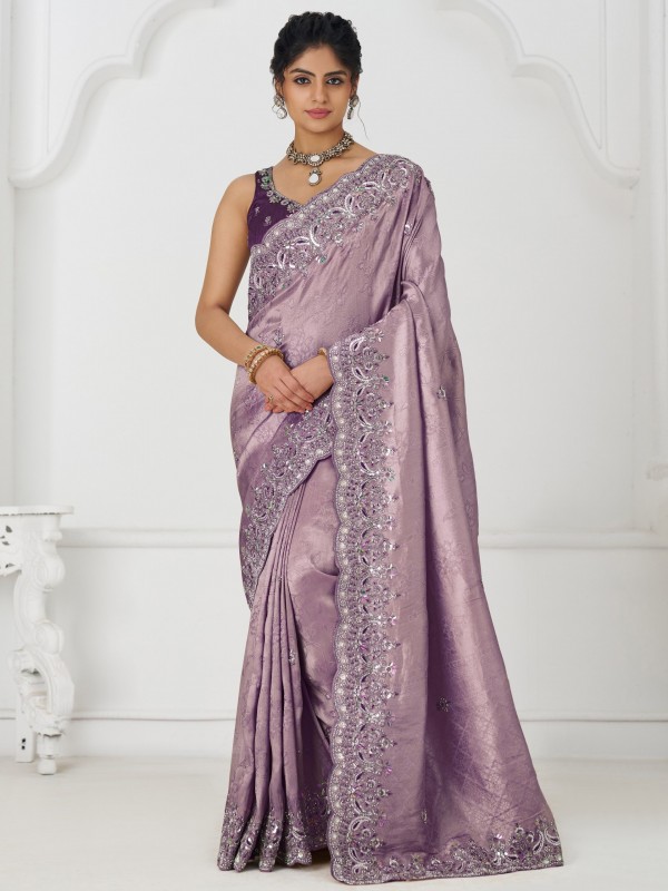 Pure Dola Silk Saree Wedding Wear Saree In Mauve Color With Embroidery Work