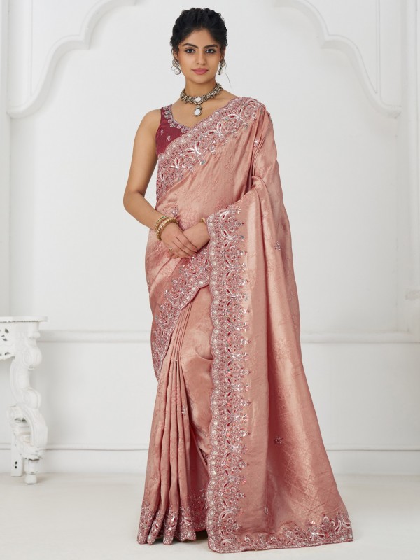 Pure Dola Silk Saree Wedding Wear Saree In Pink Color With Embroidery Work