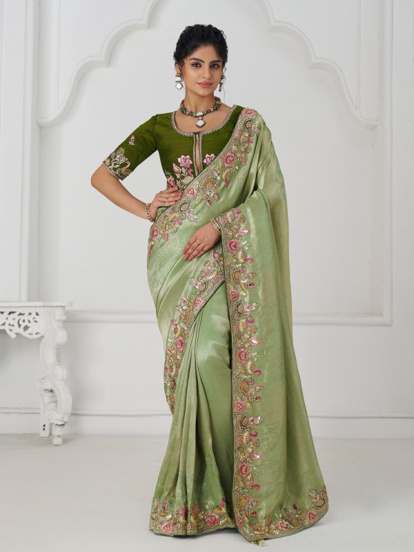 Pure Dola Silk Saree Wedding Wear Saree In Mahendi Green Color With Embroidery Work
