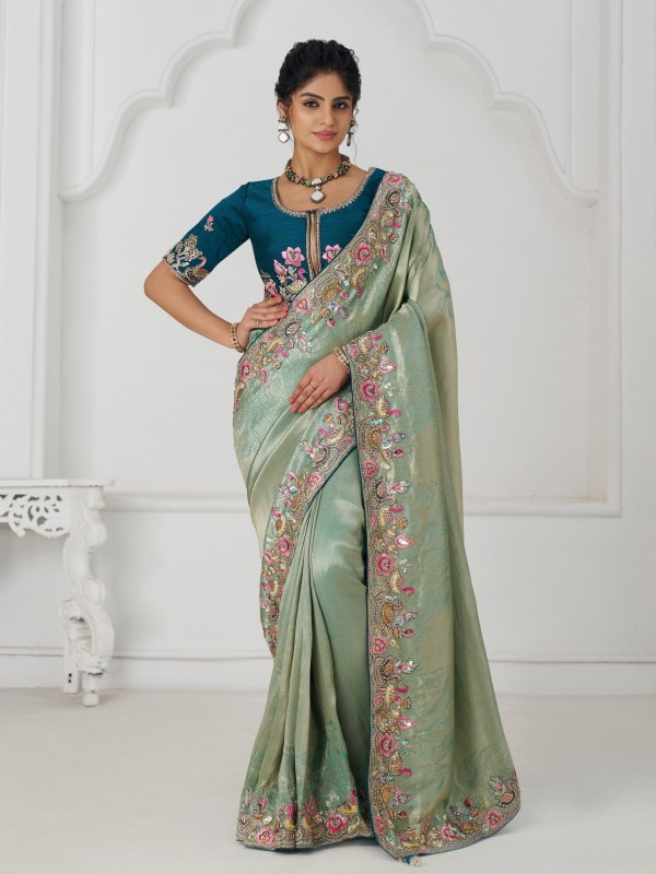 Pure Dola Silk Saree Wedding Wear Saree In Green Color With Embroidery Work