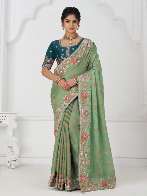 Pure Dola Silk Saree Wedding Wear Saree In Green Color With Embroidery Work