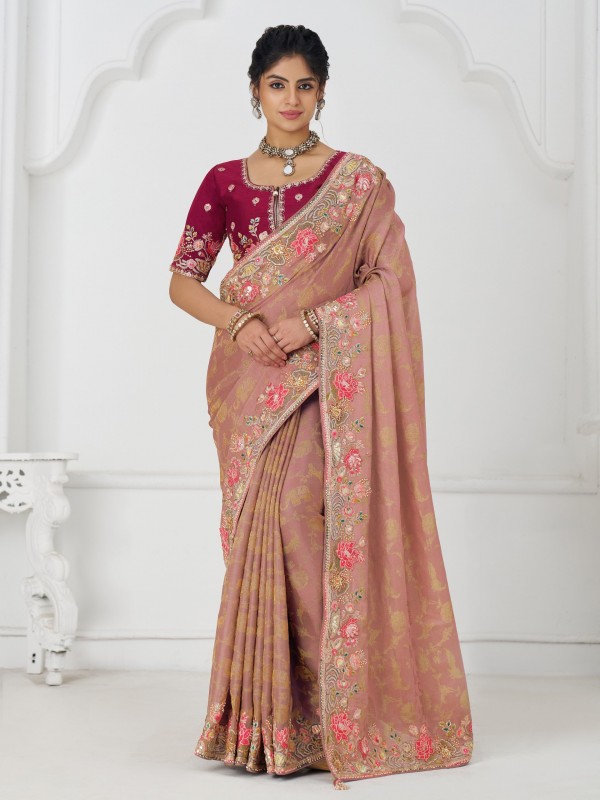 Pure Dola Silk Saree Wedding Wear Saree In Peach Color With Embroidery Work