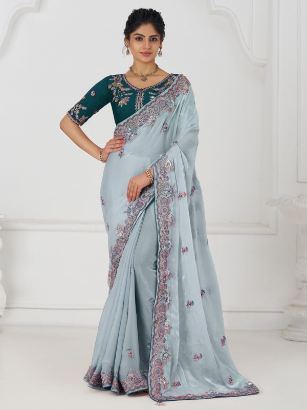 Pure Silk Saree Wedding Wear Saree In Grey Color With Embroidery Work