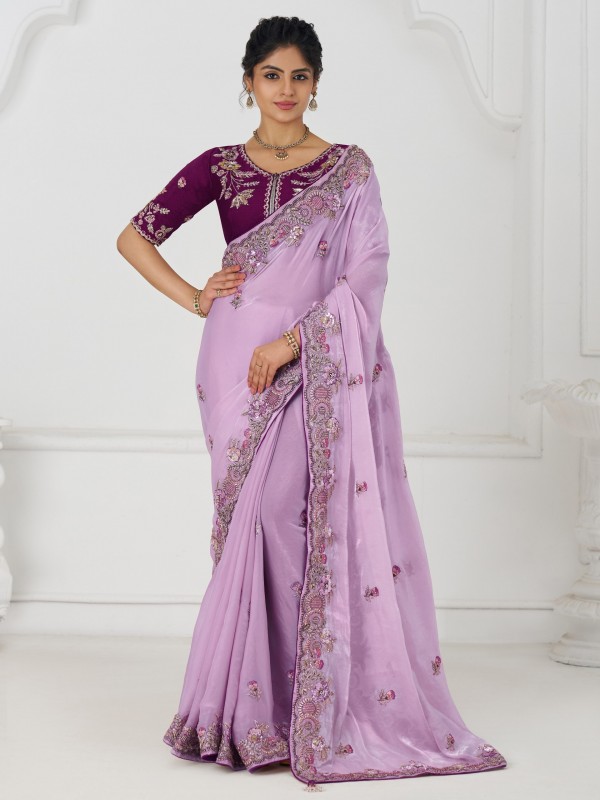 Pure Silk Saree Wedding Wear Saree In Mauve Color With Embroidery Work