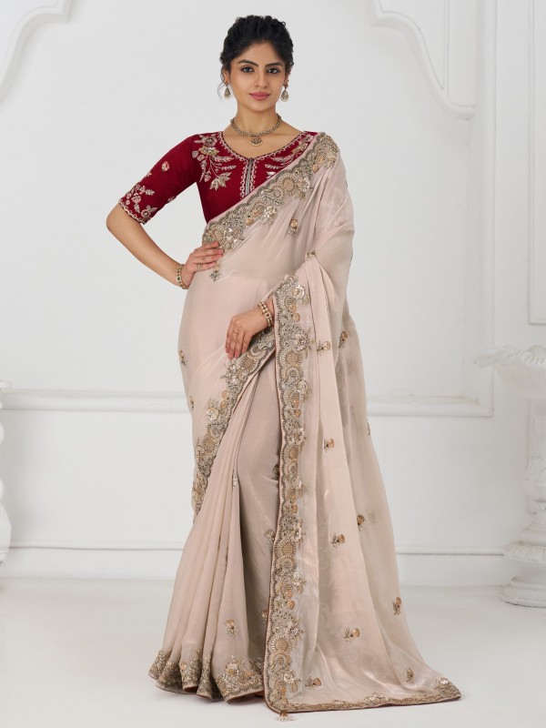 Pure Silk Saree Wedding Wear Saree In Cream Color With Embroidery Work