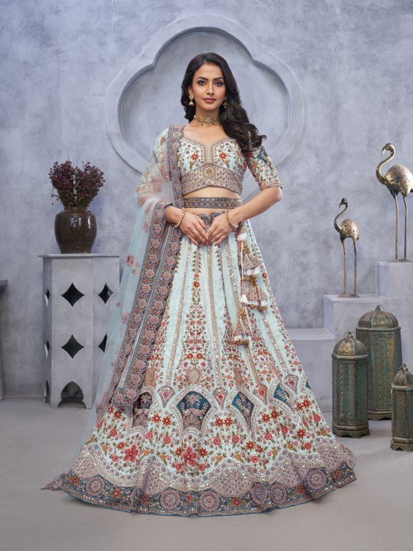 Pure Organza Silk Wedding Wear Lehenga In Sky Blue Color With Embroidery Work