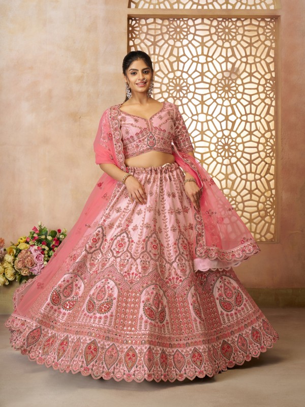 Pure Natural Silk Wedding Wear Lehenga In Pink Color With Embroidery Work