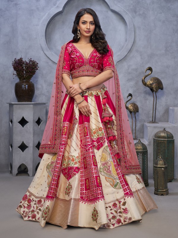 Pure Pure Raw Silk Wedding Wear Lehenga In Pink & Cream Color With Embroidery Work