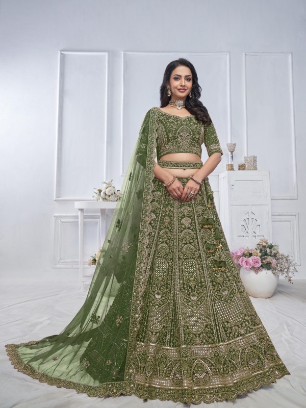 Soft Premium Net Wedding Wear Lehenga In Green Color With Embroidery Work