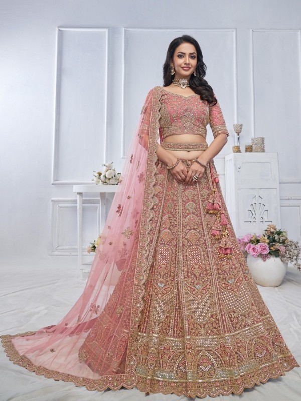 Soft Premium Net Wedding Wear Lehenga In Onion Color With Embroidery Work