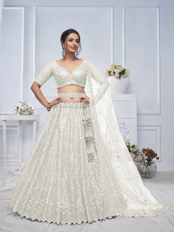 Soft Premium Net Wedding Wear Lehenga In Ivory Off White Color With Embroidery Work