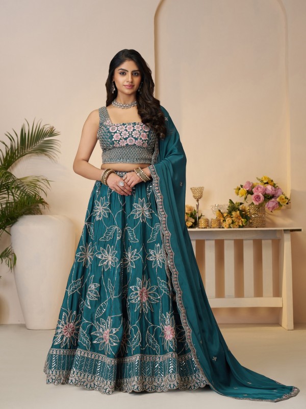Pure Satin Silk Wedding Wear Lehenga In Blue Color With Embroidery Work