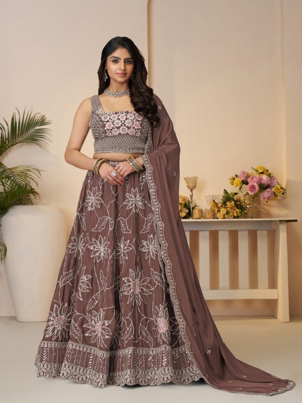 Pure Satin Silk Wedding Wear Lehenga In Onion Color With Embroidery Work
