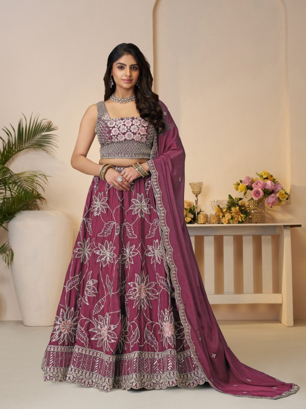 Pure Satin Silk Wedding Wear Lehenga In Maroon Color With Embroidery Work