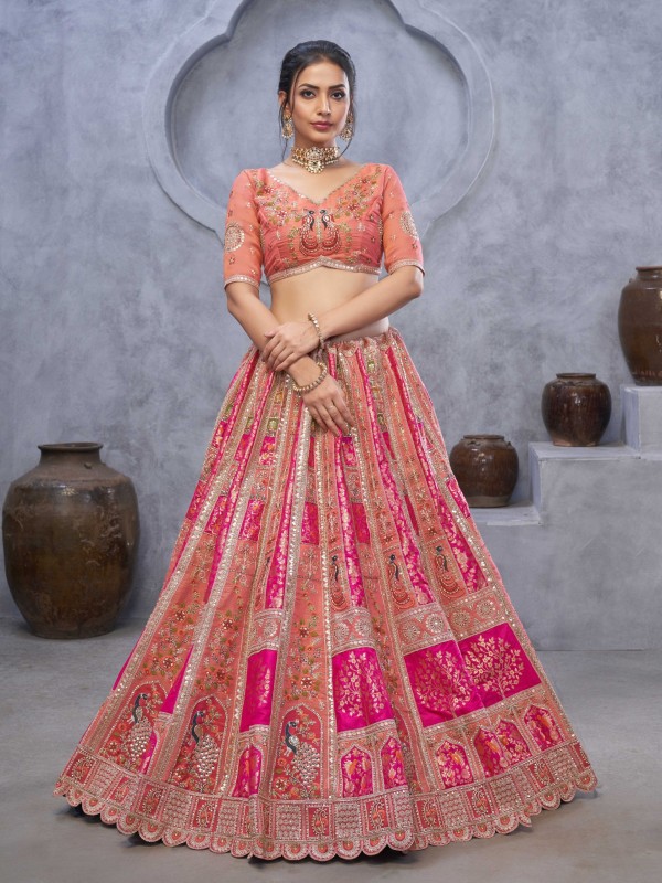 Pure Organza  Silk Wedding Wear Lehenga In Pink Color With Embroidery Work