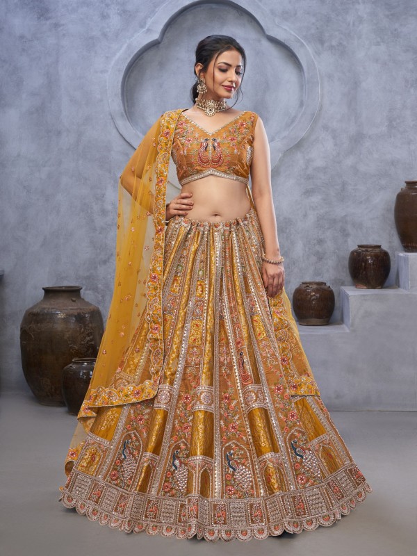 Pure Organza  Silk Wedding Wear Lehenga In Mustard Color With Embroidery Work
