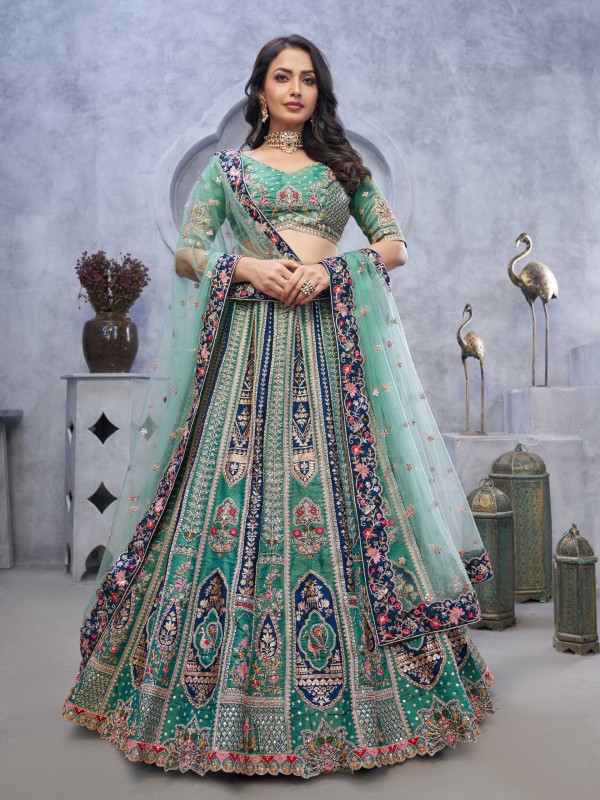 Pure Organza  Silk Wedding Wear Lehenga In Green Color With Embroidery Work