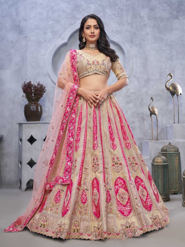 Pure Organa Silk Wedding Wear Lehenga In Cream Color With Embroidery Work