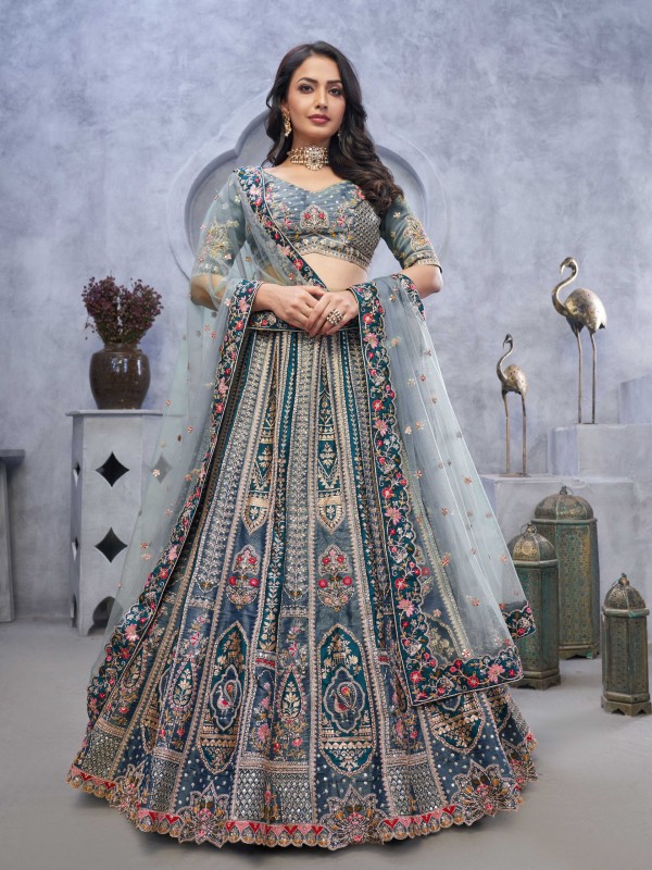 Pure Organza  Silk Wedding Wear Lehenga In Grey Color With Embroidery Work