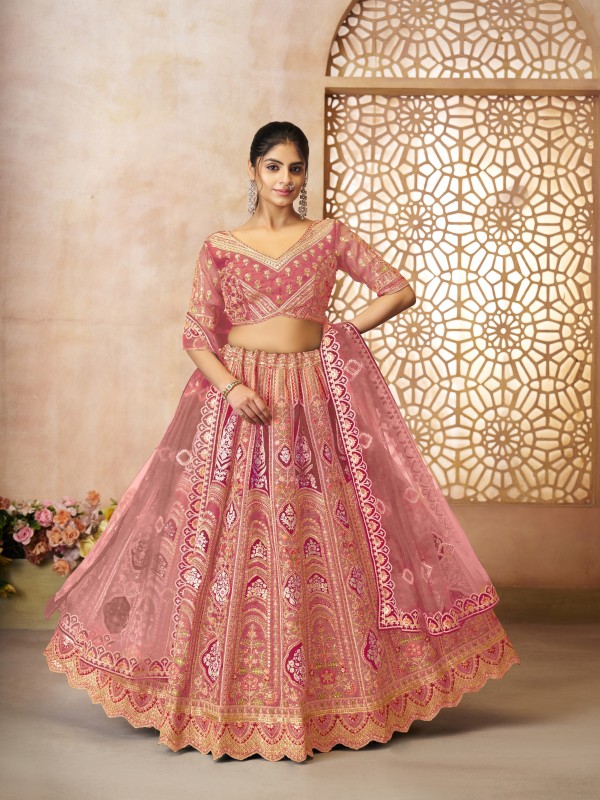 Pure Banarasi Silk Wedding Wear Lehenga In Pink Color With Embroidery Work