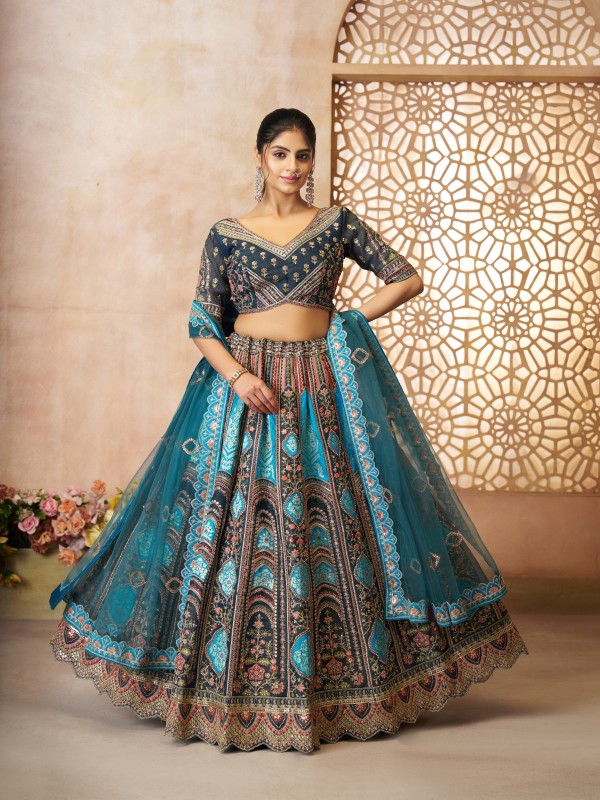 Pure Banarasi Silk Wedding Wear Lehenga In Blue Color With Embroidery Work