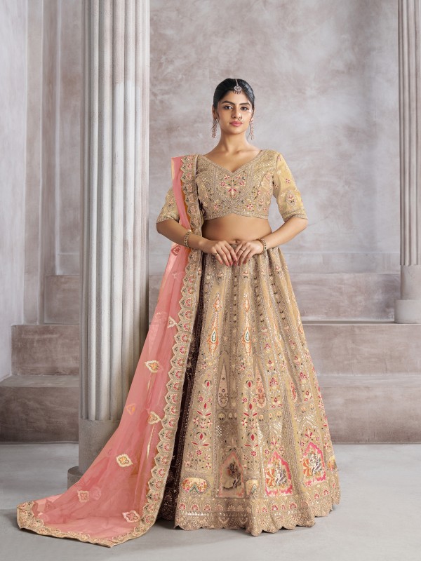 Pure Banarasi Silk Wedding Wear Lehenga In Cream Color With Embroidery Work