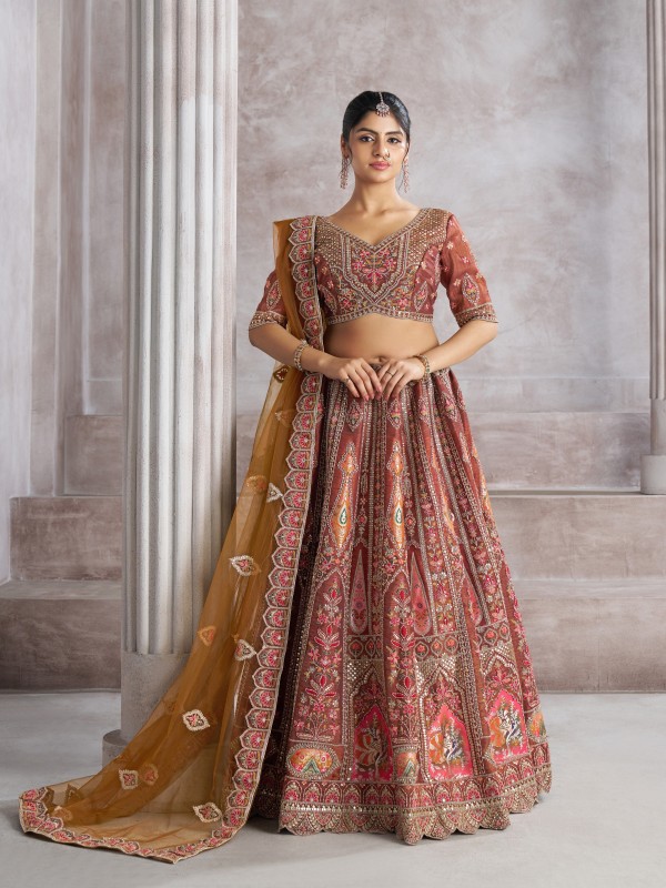 Pure Banarasi Silk Wedding Wear Lehenga In Coffee Color With Embroidery Work