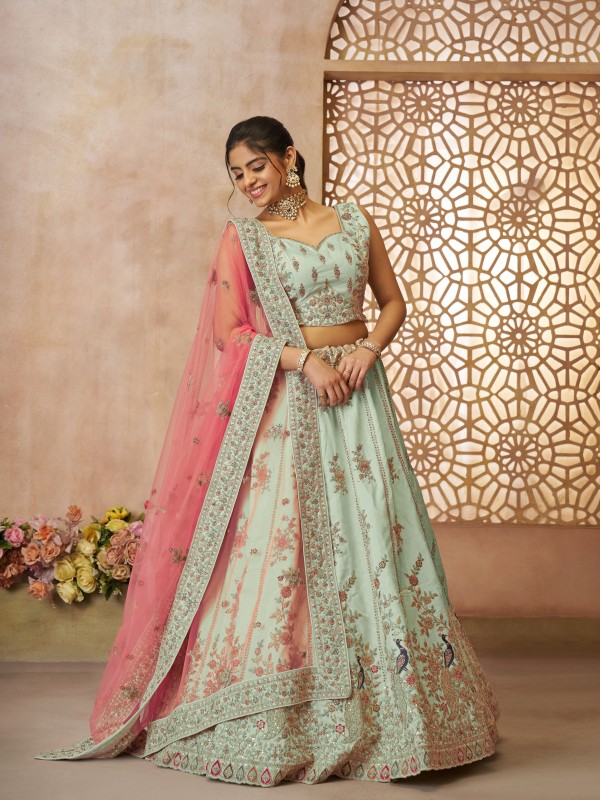 Pure Natural Silk Wedding Wear Lehenga In Green Color With Embroidery Work