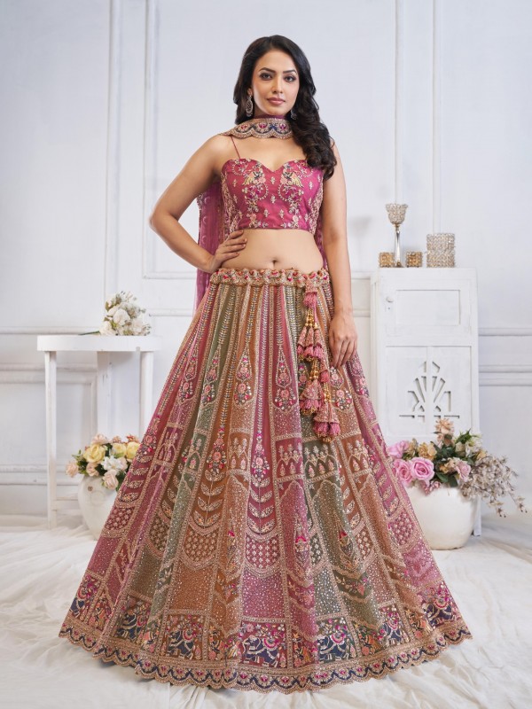 Soft Premium Net Wedding Wear Lehenga In Multi Color With Embroidery Work