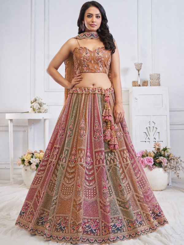 Soft Premium Net Wedding Wear Lehenga In Multi Color With Embroidery Work
