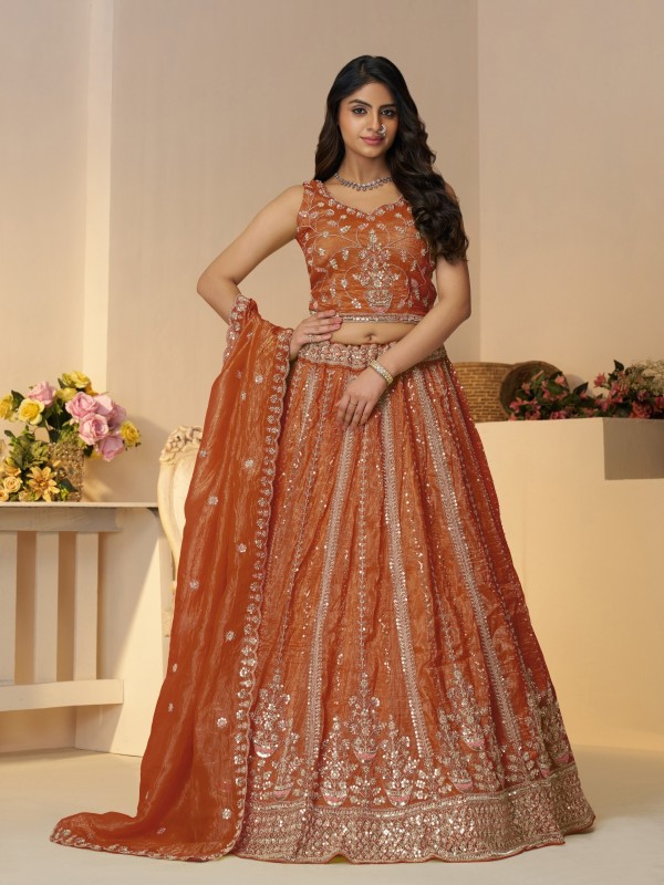 Jimmy Silk Party Wear Lehenga In Orange Color With Embroidery Work
