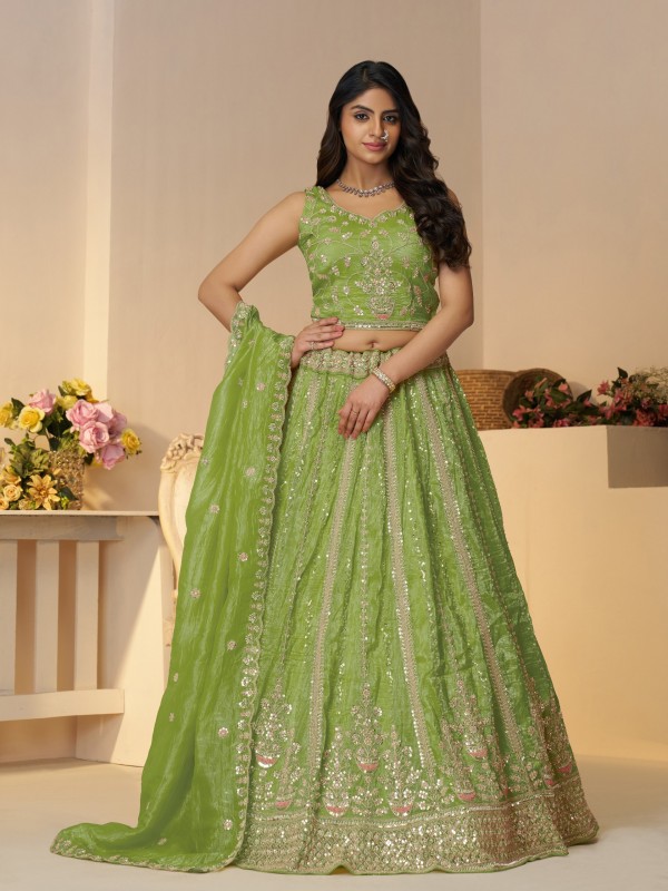 Jimmy Silk Party Wear Lehenga In Green Color With Embroidery Work
