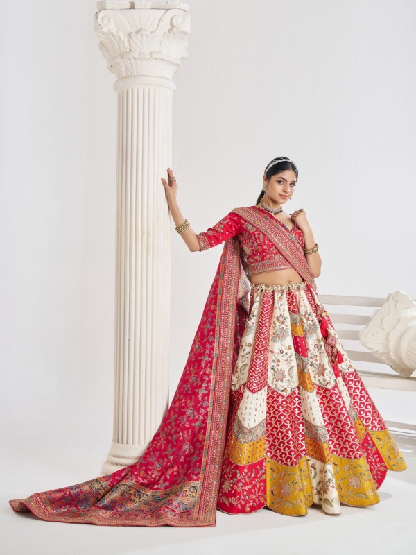 Pure Banarasi Silk Wedding Wear Lehenga In Multi Color With Embroidery Work