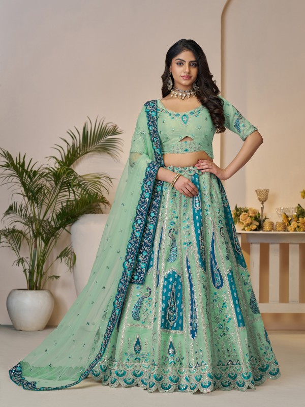 Pure Banarasi Silk Wedding Wear Lehenga In Sky Blue Color With Embroidery Work