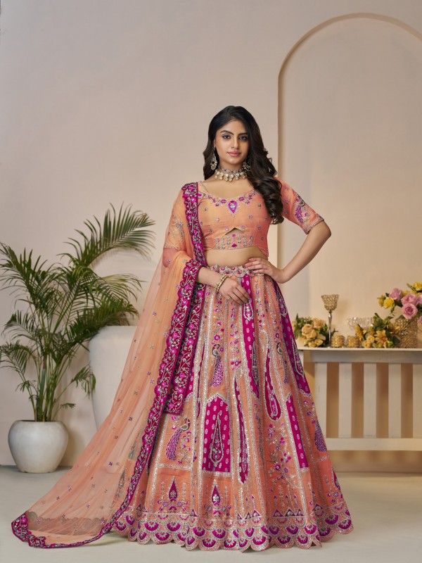 Pure Banarasi Silk Wedding Wear Lehenga In Orange Color With Embroidery Work