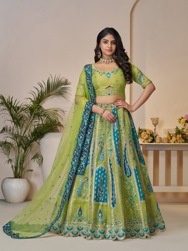 Pure Banarasi Silk Wedding Wear Lehenga In Green Color With Embroidery Work