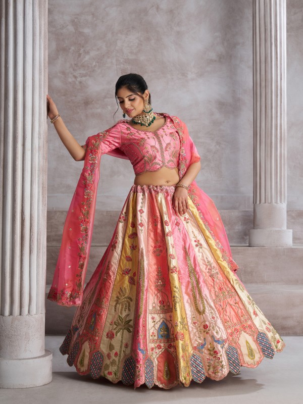 Pure Banarasi Silk Wedding Wear Lehenga In Pink Color With Embroidery Work