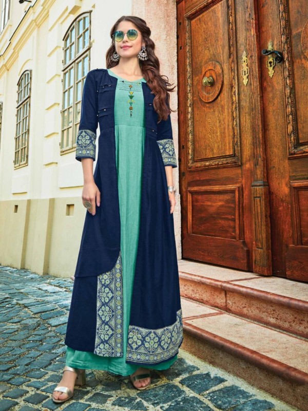 Pure Rayon Long Casual Wear Kurti with Ruby Silk Shrug In Rama & Blue