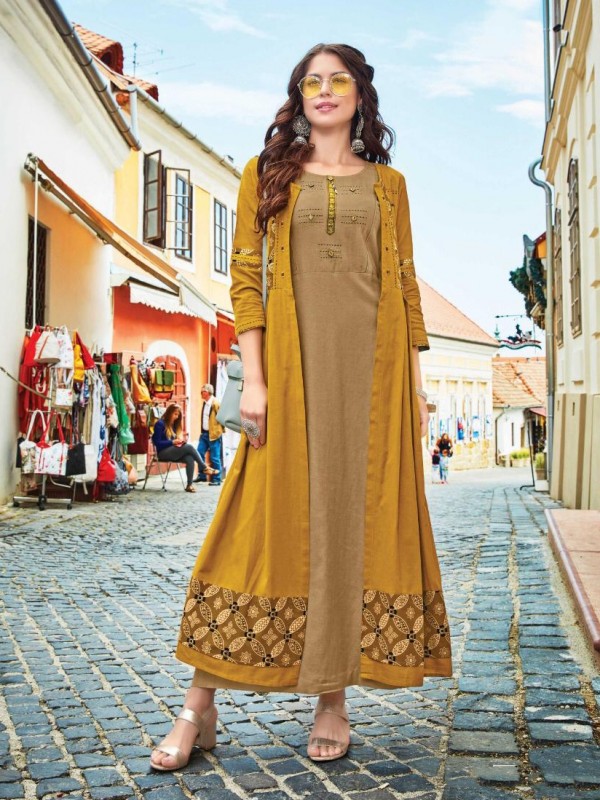 Pure Rayon Long Casual Wear Kurti with Ruby Silk Shrug In Mustard & Brown 