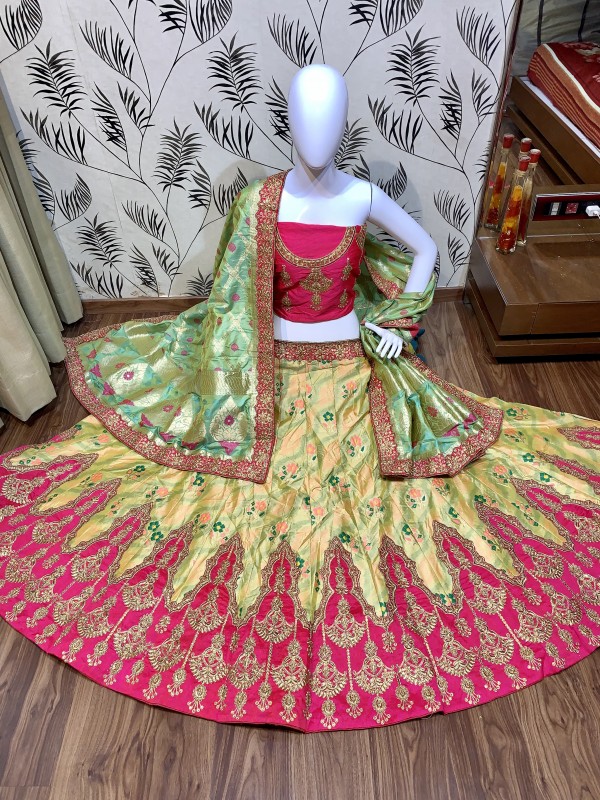 Pure Banarasi Silk Wear Lehenga In Light Green Color with Embroidery & Pearl Work 