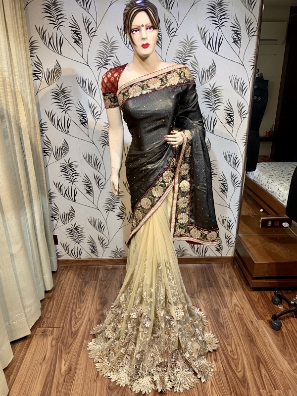 Fancy Imported Fabrics Party Wear Saree In Golden With Embroidery work & Stone work 