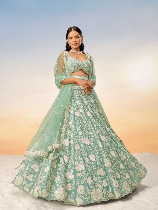 Pure Chinon Silk Lehenga In Sea Green Color With Embroidery Work 